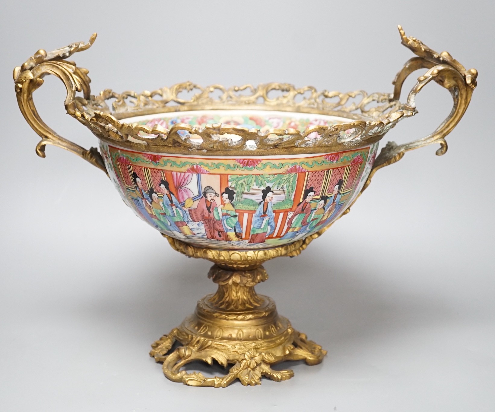 A late 19th century Chinese famille rose bowl with French ormolu mounts, 32cm